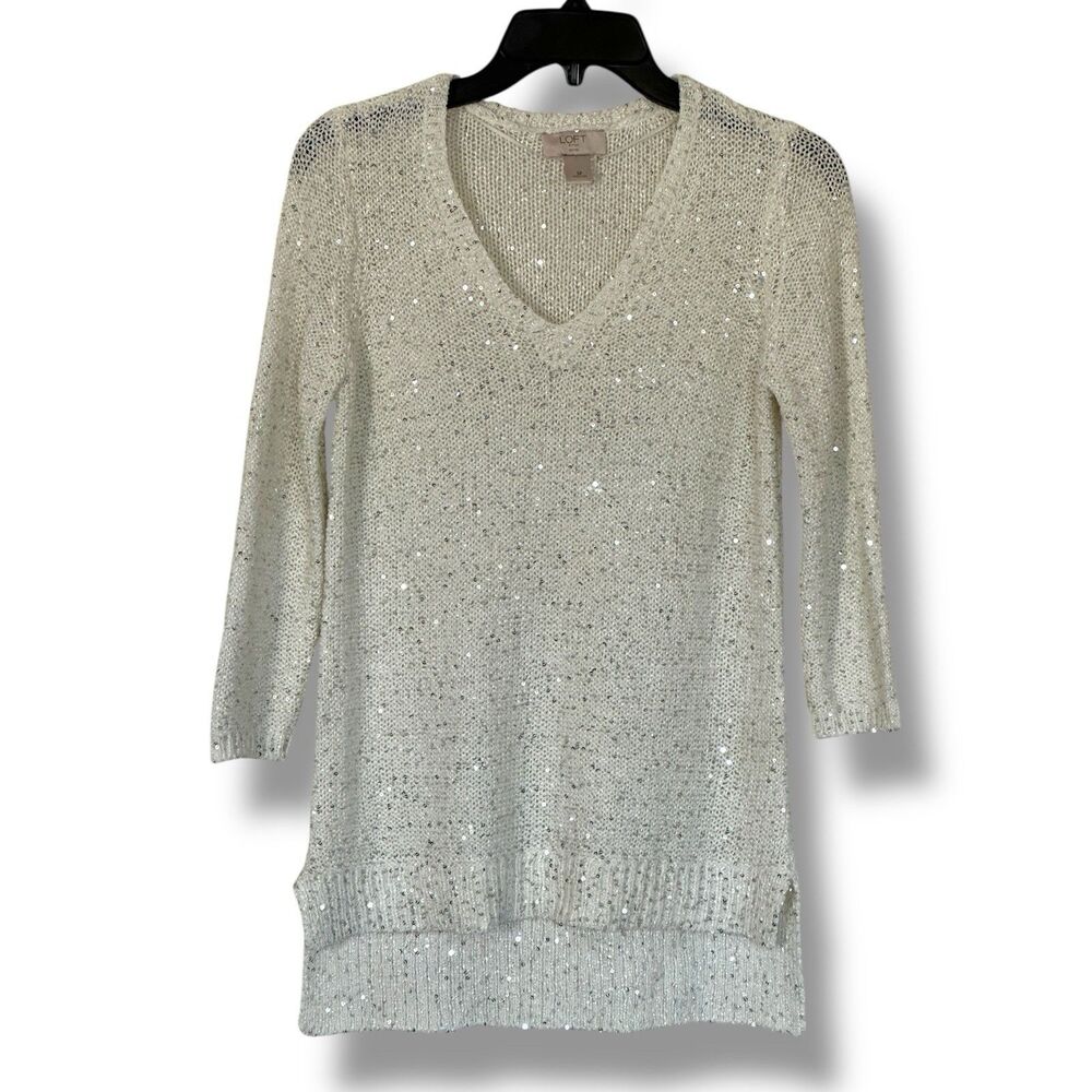 Loft Outlet Sequin 3/4 Sleeve White Lightweight Tunic  Sweater SP